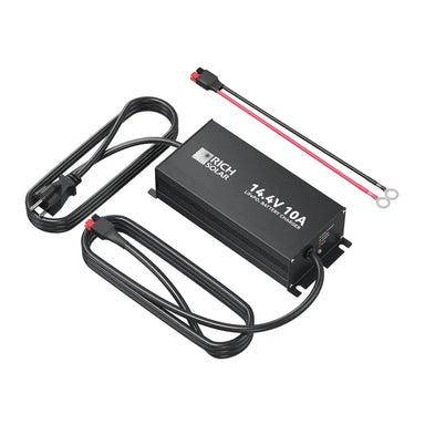 Rich Solar RS-BC12V10 12V 10A LiFePO4 battery charger showing the main unit, AC power cord, integrated DC output cable, and separate ring terminal adapter.