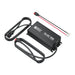 Rich Solar RS-BC12V10 12V 10A LiFePO4 battery charger showing the main unit, AC power cord, integrated DC output cable, and separate ring terminal adapter.
