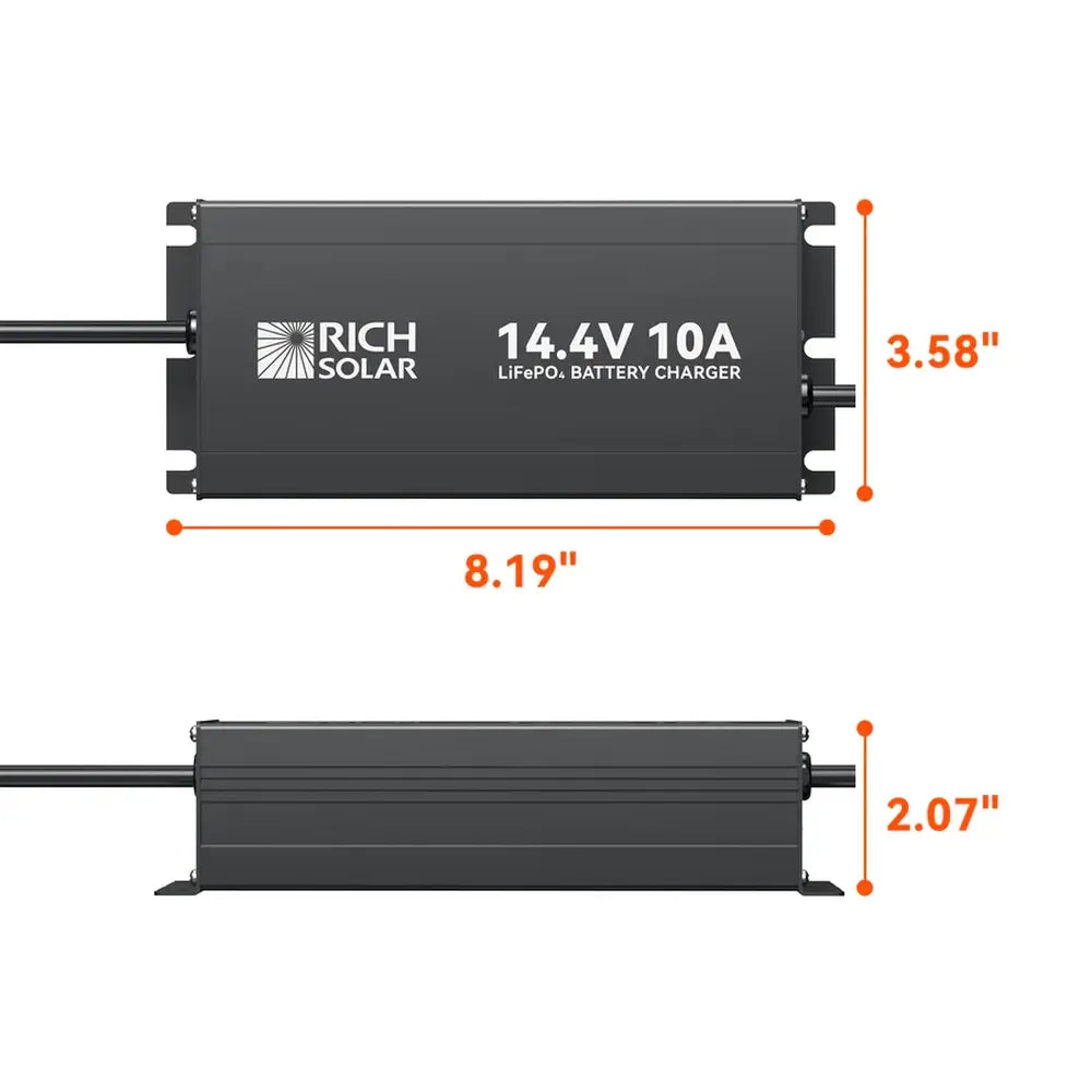 Dimension diagram for Rich Solar 14.4V 10A LiFePO4 battery charger showing measurements of 8.19 inches long, 3.58 inches wide, and 2.07 inches high.