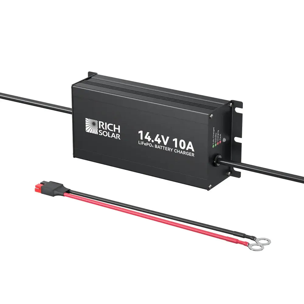 Side perspective of the Rich Solar 12V 10A lithium iron phosphate battery charger next to its quick-disconnect ring terminal adapter cord.