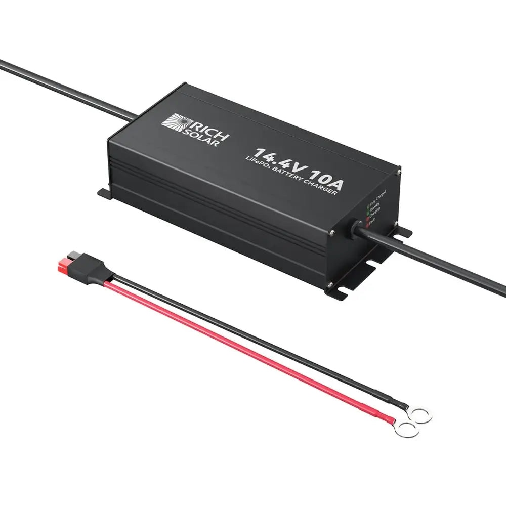 Rich Solar 14.4V 10A LiFePO4 smart battery charger in a durable black aluminum enclosure with integrated mounting flanges.