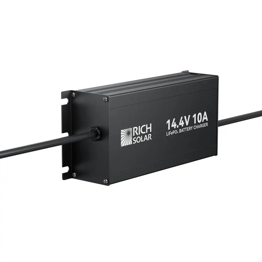 Side view of the heavy-duty aluminum housing and mounting tabs on the Rich Solar 12V 10A battery charger.