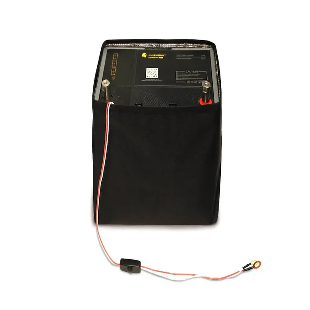 Lion Energy UT1300 battery warmer installed around a Safari UT 700 battery, showing insulated thermal wrap and wired temperature control lead