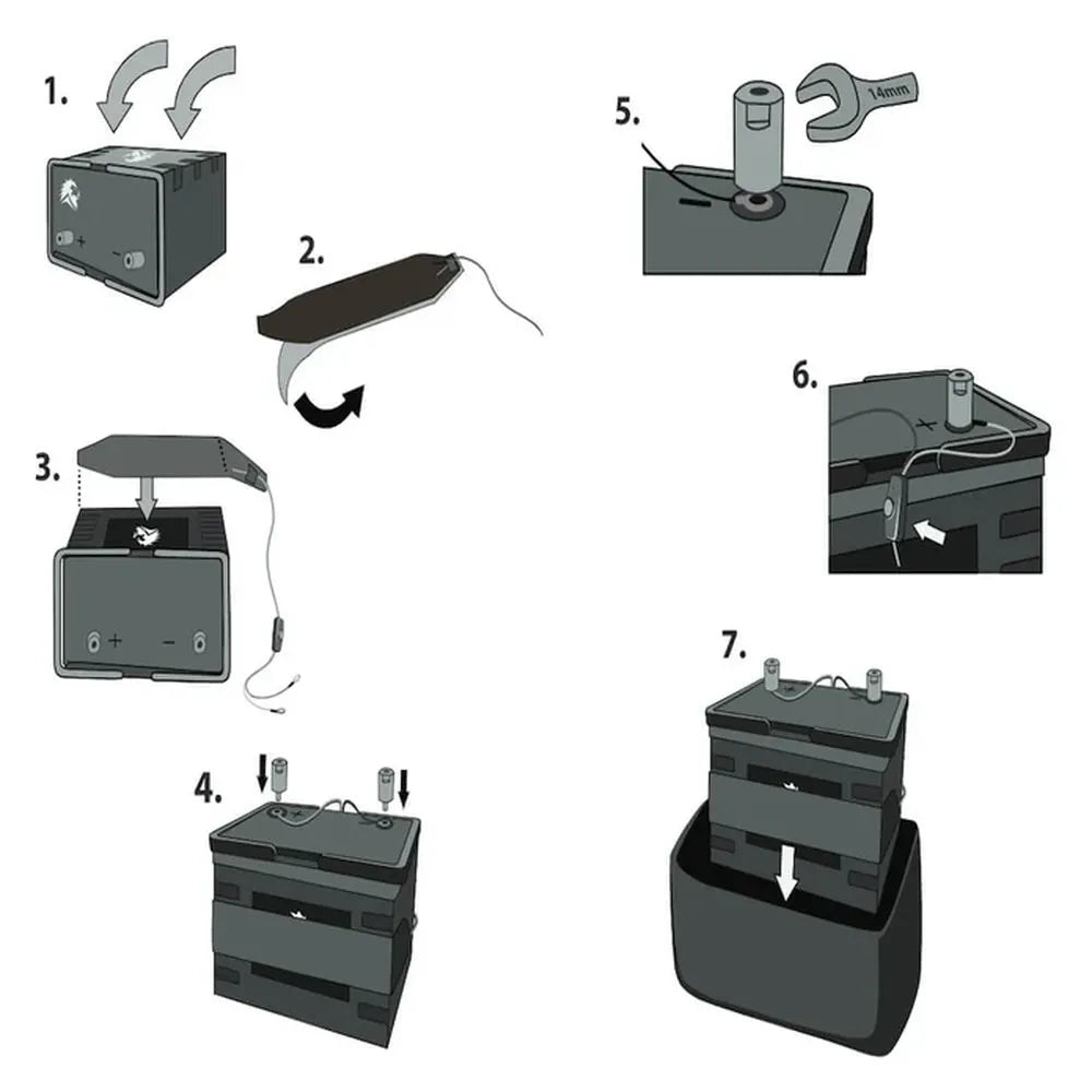 Step-by-step diagram for installing the Lion Energy UT1300 Battery Warmer on a lithium battery, including wrap placement, terminal reattachment, and final sleeve fit