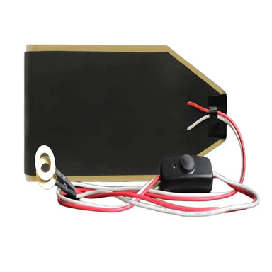 Close-up of the Lion Energy UT1300 Battery Warmer heating pad with red and white power wires, inline switch, and ring terminal connector