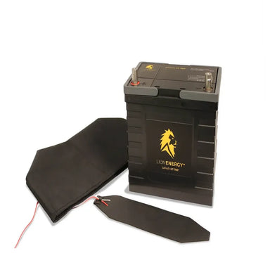 Lion Energy UT1300 Battery Warmer kit with Safari UT 700 lithium battery, insulated black warming sleeve, and detachable heating pad on a light gray background