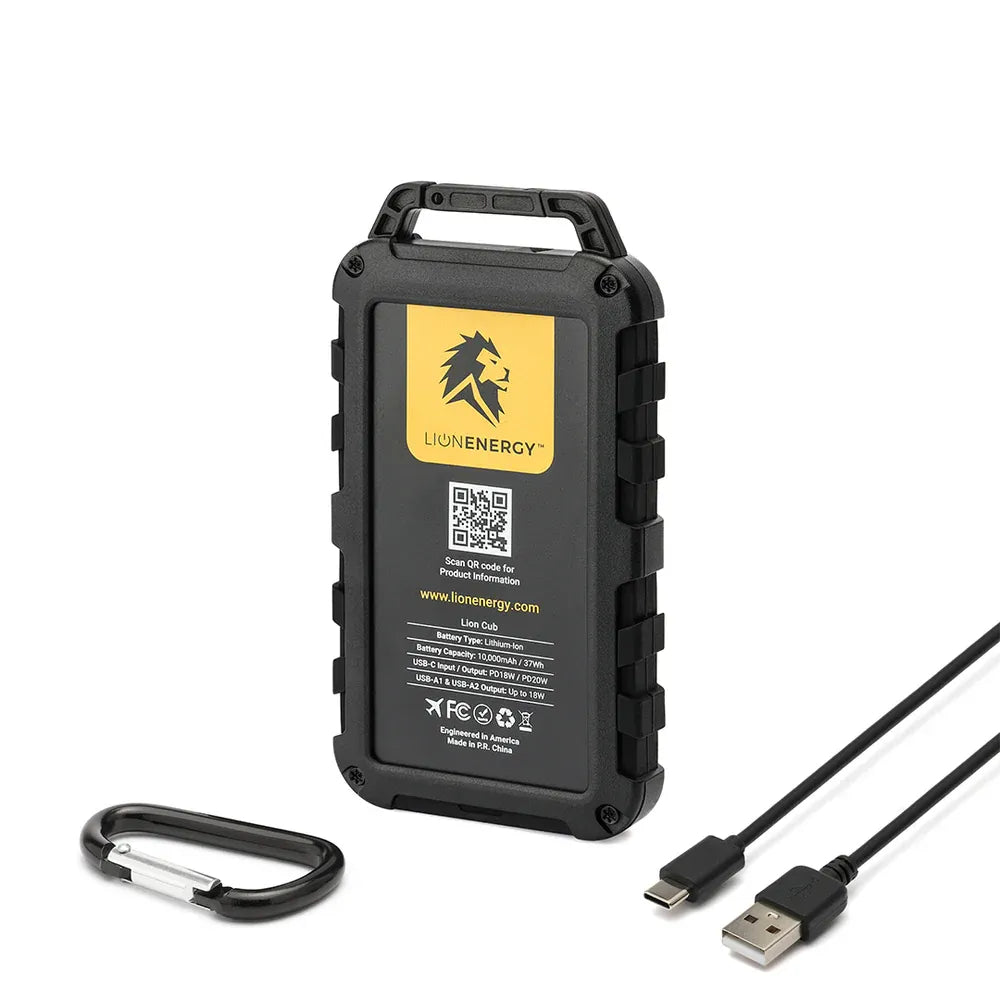 Lion Energy Lion Cub portable charger with carabiner and USB-C cable