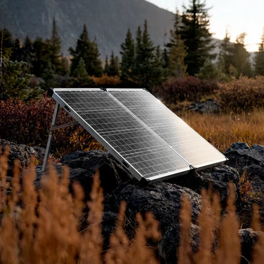 Lion Energy 100W LW solar panel deployed outdoors on rocks in a mountain landscape for portable off-grid solar power