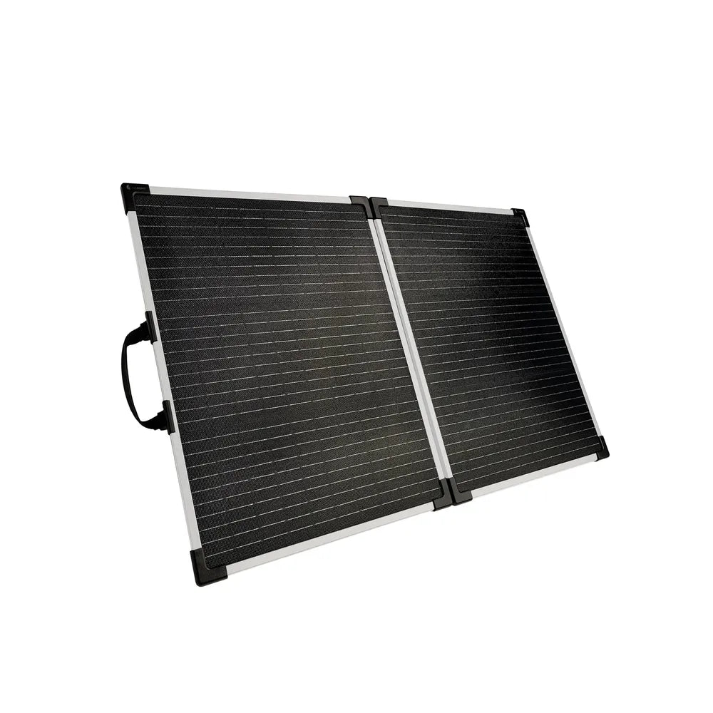 Angled front view of Lion Energy 100W LW portable solar panel opened for charging with dual-panel design and side handle