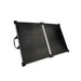 Angled front view of Lion Energy 100W LW portable solar panel opened for charging with dual-panel design and side handle
