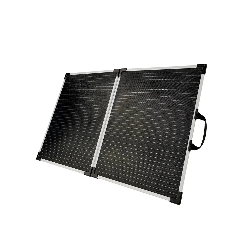 Lion Energy 100W LW 12V solar panel laid open flat with two connected black panels and aluminum frame