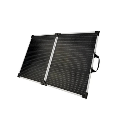 Lion Energy 100W LW 12V solar panel laid open flat with two connected black panels and aluminum frame