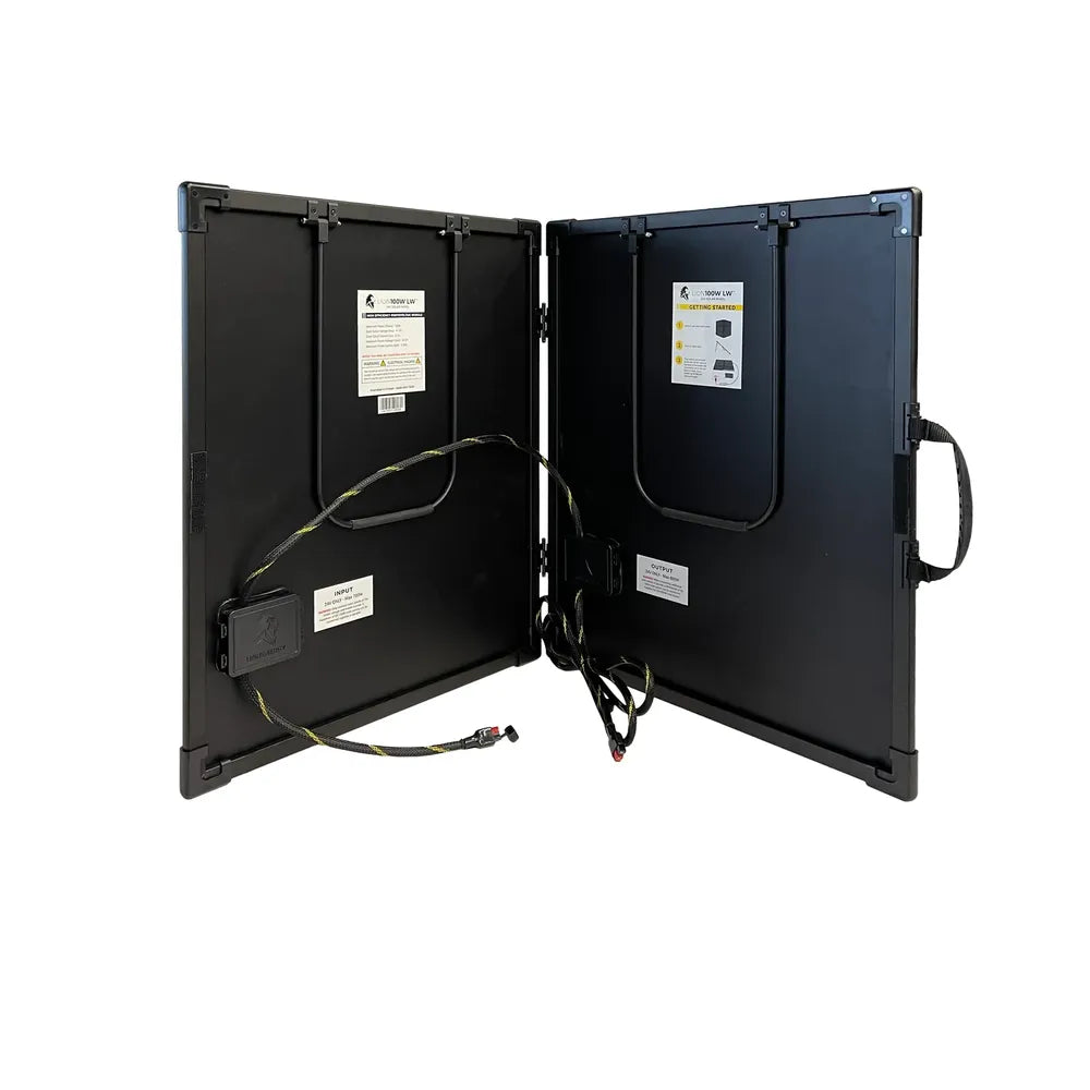 Lion Energy 100W LW 24V solar panel opened to show rear wiring, connection box, support legs, labels, and dual folding panel design on a white background