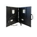 Lion Energy 100W LW 24V solar panel opened to show rear wiring, connection box, support legs, labels, and dual folding panel design on a white background