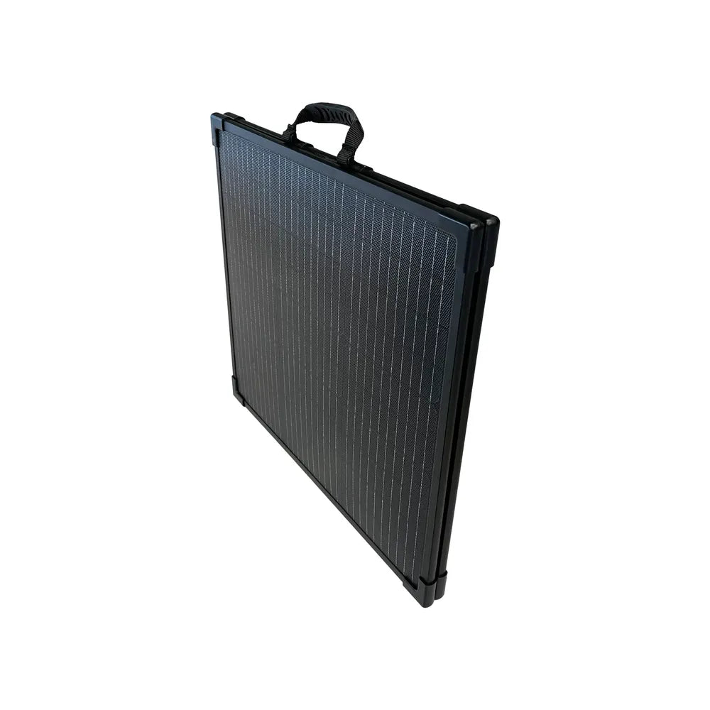 Lion Energy 100W LW 24V solar panel folded into a compact briefcase-style panel with carry handle and black monocrystalline surface