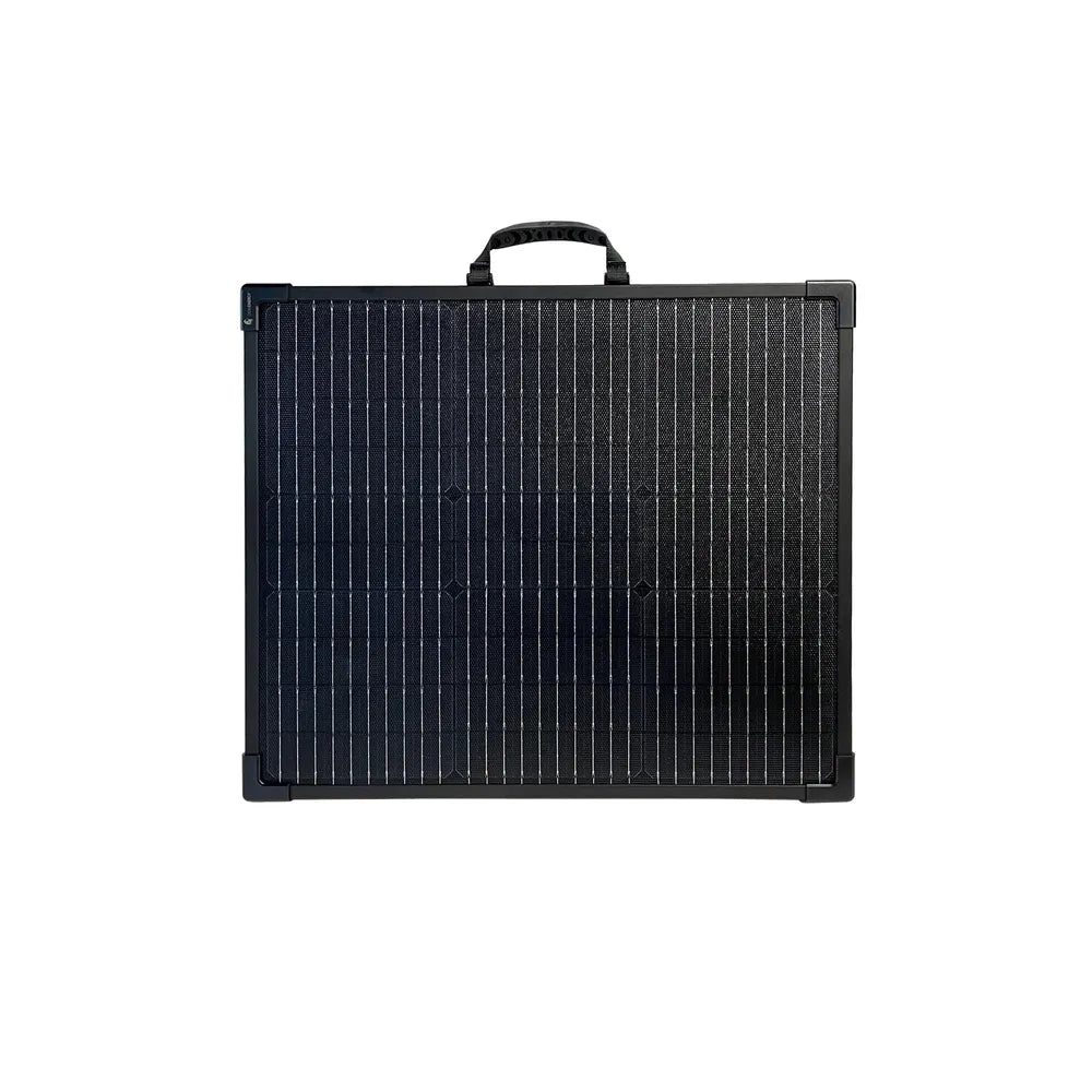 Front view of Lion Energy 100W LW 24V solar panel folded closed with integrated handle and black solar panel face