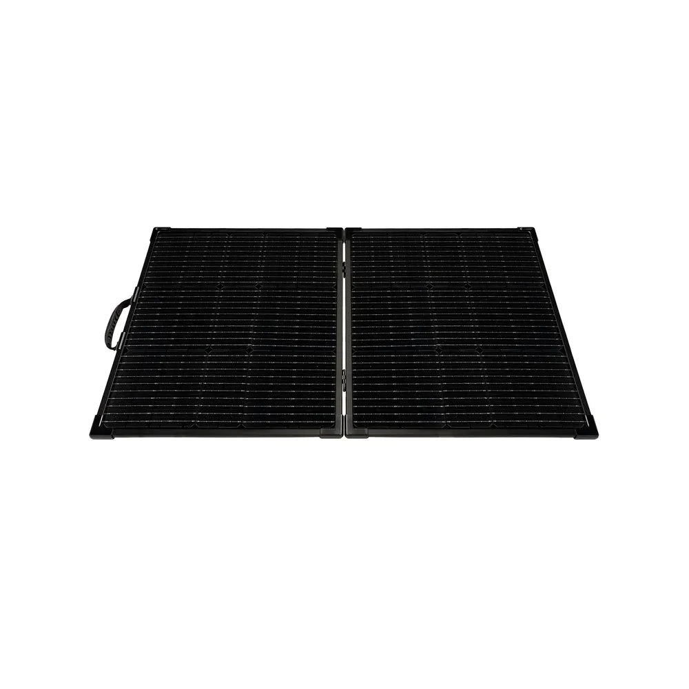 Lion Energy 100W LW 24V solar panel opened flat with two connected panels for portable off-grid solar charging