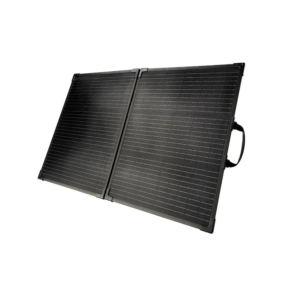 Angled view of Lion Energy 100W LW 24V foldable solar panel with dual black panels and side carry handle