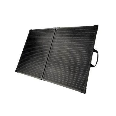 Angled view of Lion Energy 100W LW 24V foldable solar panel with dual black panels and side carry handle