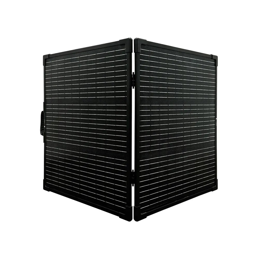 Lion Energy 100W LW 24V solar panel partially folded upright in display position with dual monocrystalline panel surfaces