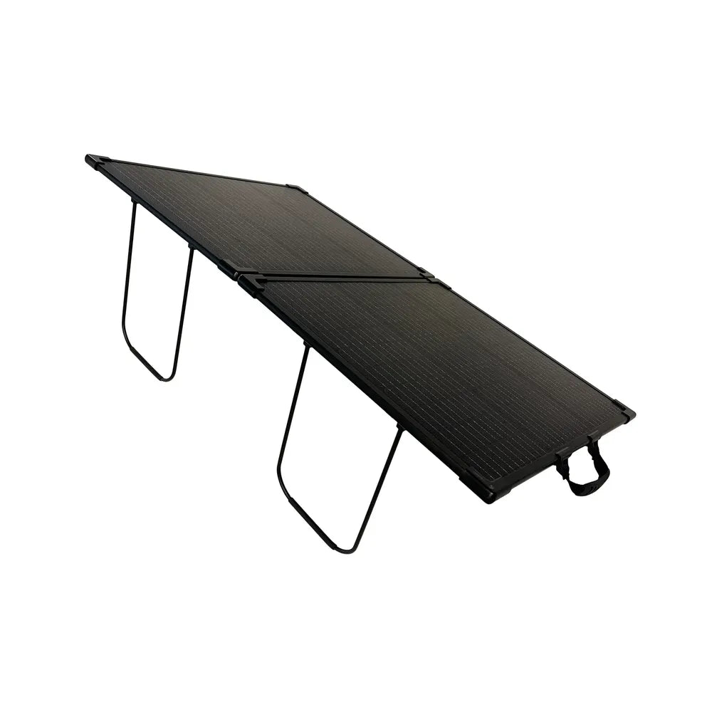 Lion Energy 100W LW 24V solar panel deployed on kickstands for angled sunlight capture and portable charging