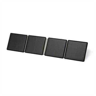 Lion Energy 50W foldable solar panel fully unfolded in a four-panel layout, showing slim black solar cells in a lightweight portable design on a light gray background