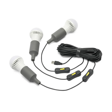 Lion Energy 3 LED Light Bulb String set with three bulbs, USB power connector, inline switches, and coiled extension cord