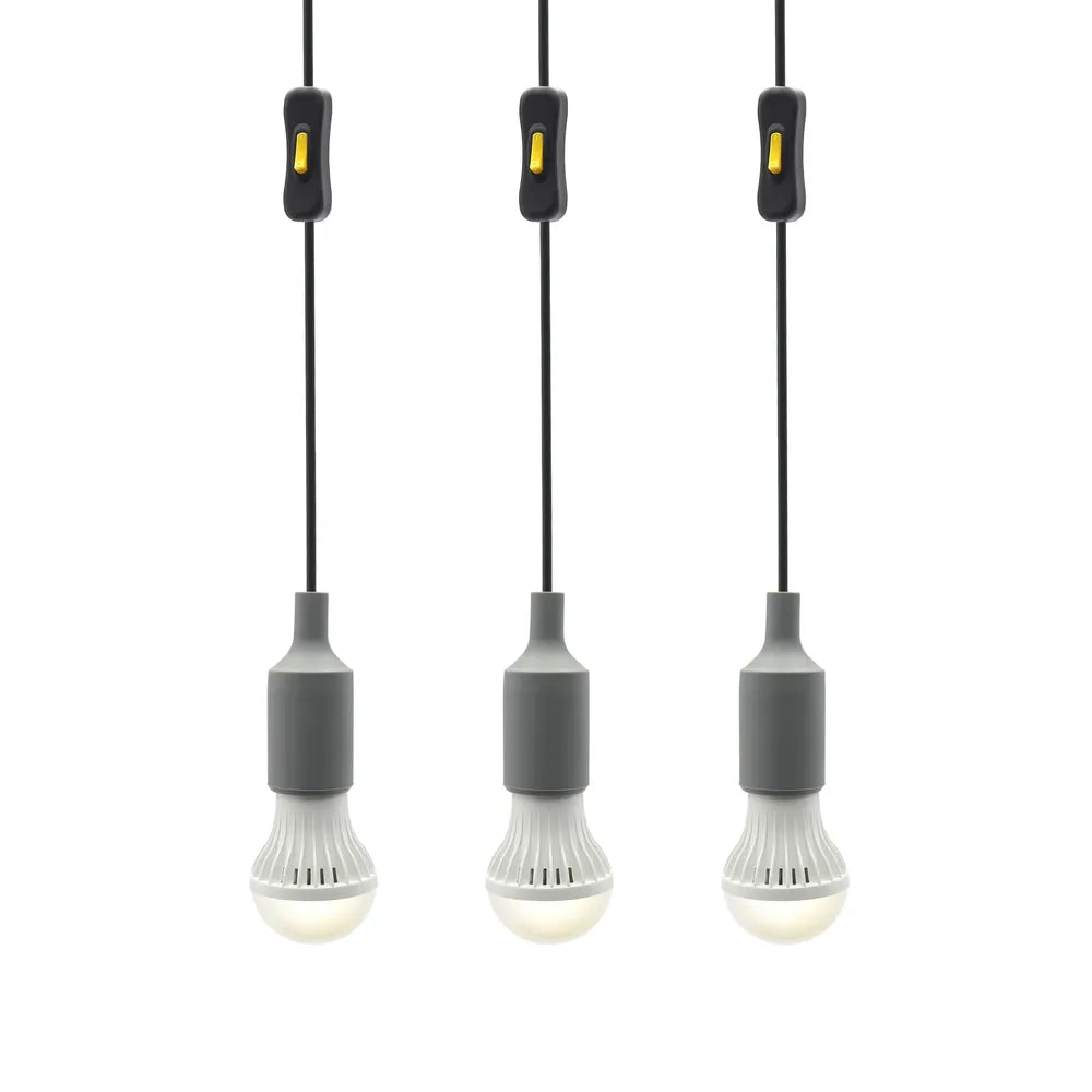 Lion Energy 3 LED Light Bulb String with three hanging bulbs and individual yellow inline on/off switches