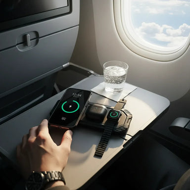 Lion Energy Eclipse Mag charging devices on airplane tray table