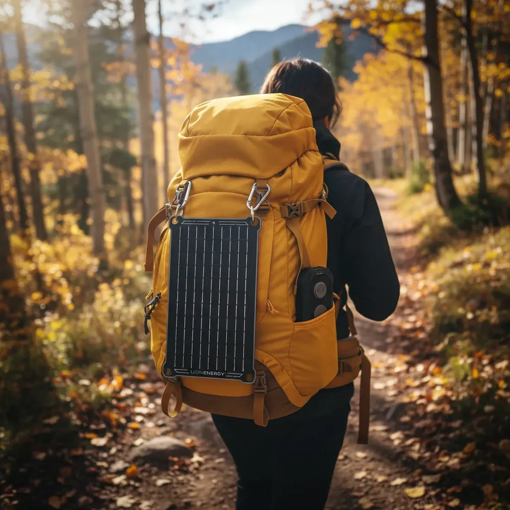 Lion Energy solar panel and Eclipse Mag power bank on hiking backpack