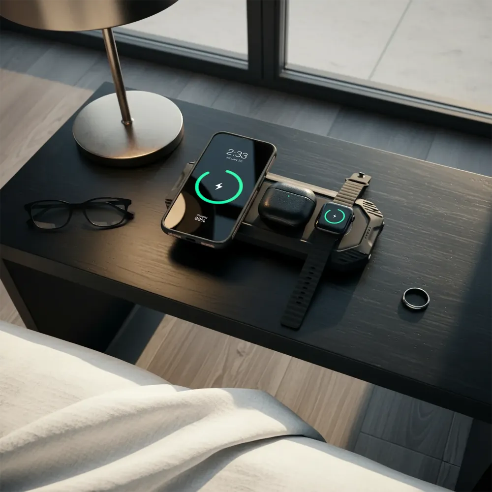 Lion Energy Eclipse Mag charging phone, earbuds and smartwatch indoors