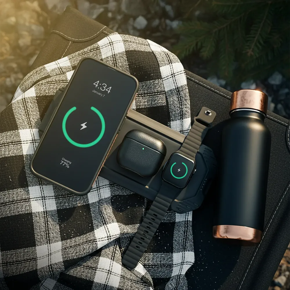 Lion Energy Eclipse Mag wireless charging setup with phone and smartwatch
