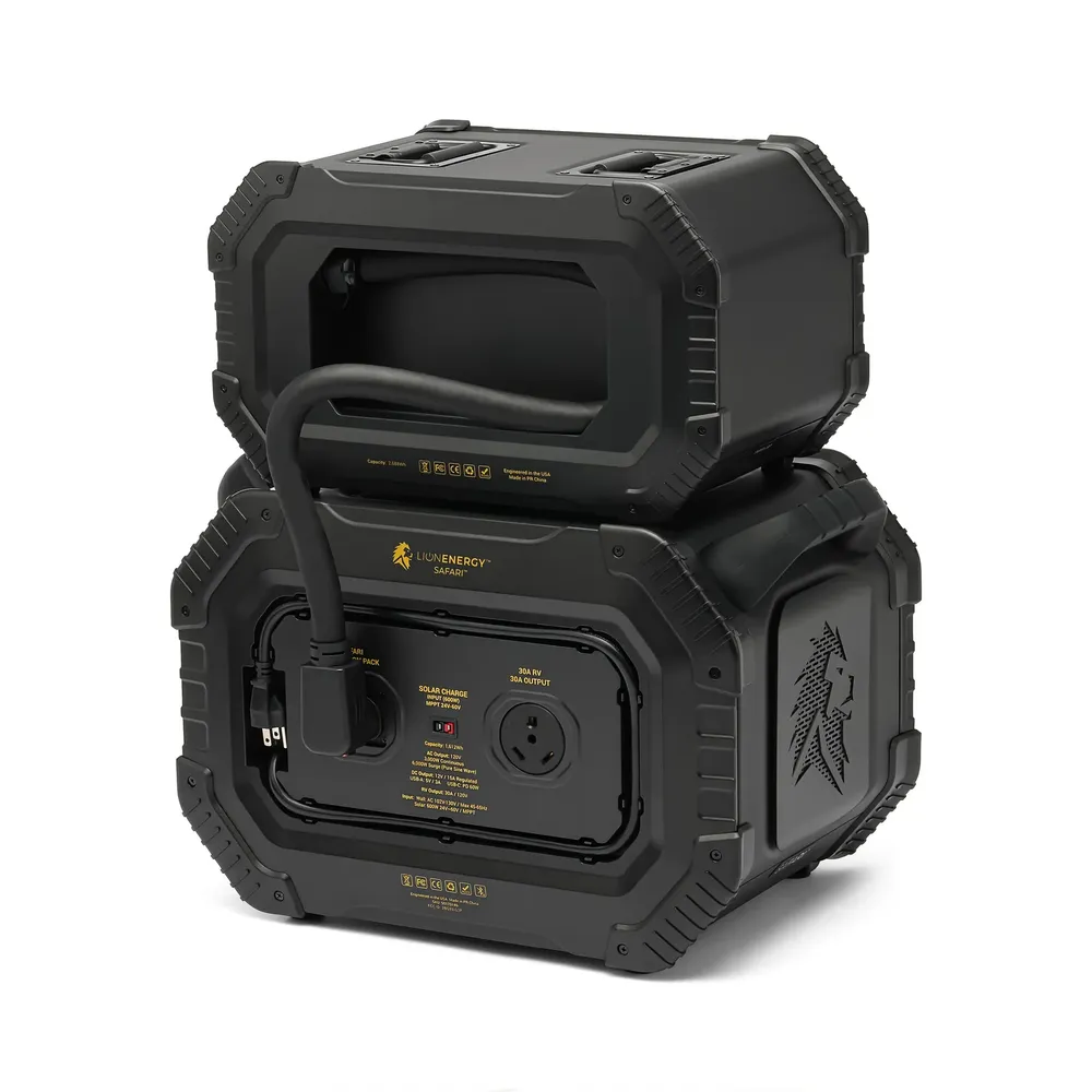 Lion Energy Safari 3000W expansion pack stacked with power station