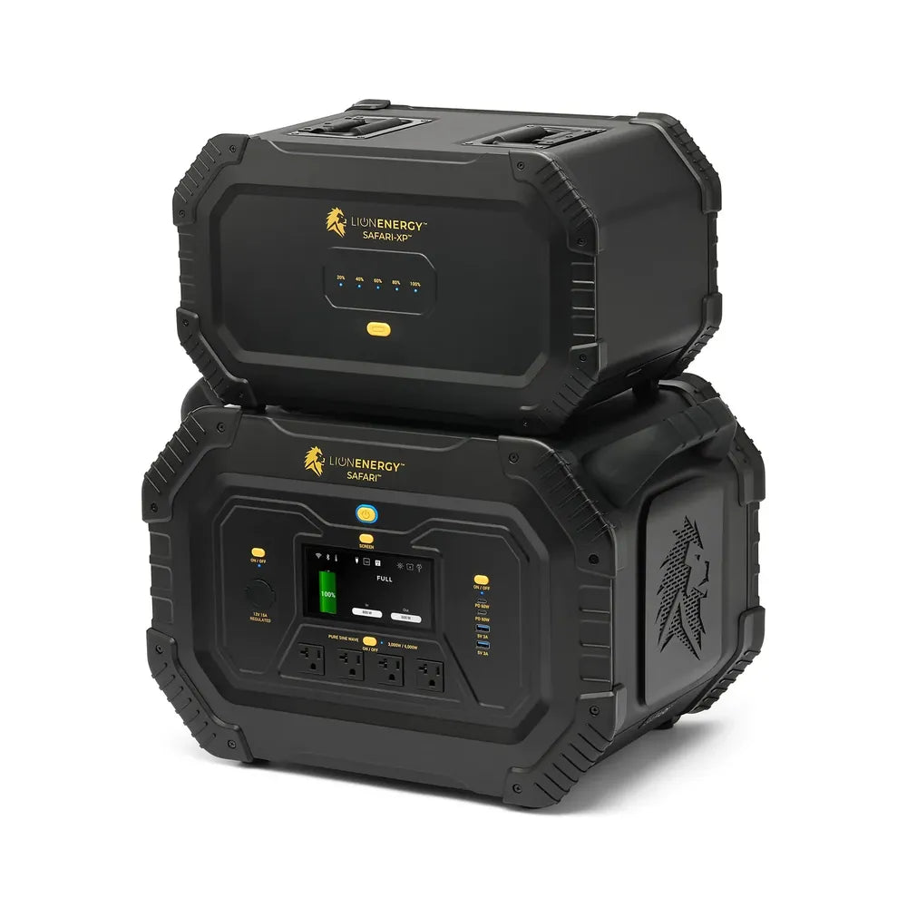 Lion Energy Safari XP battery and Safari portable power station stacked together, front display and battery status lights visible