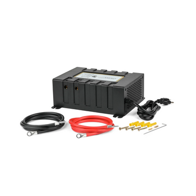 Lion Energy Savanna BC 45A battery charger kit with black charger unit, red and black charging cables, AC power cord, mounting hardware, and hex key arranged on a gray background