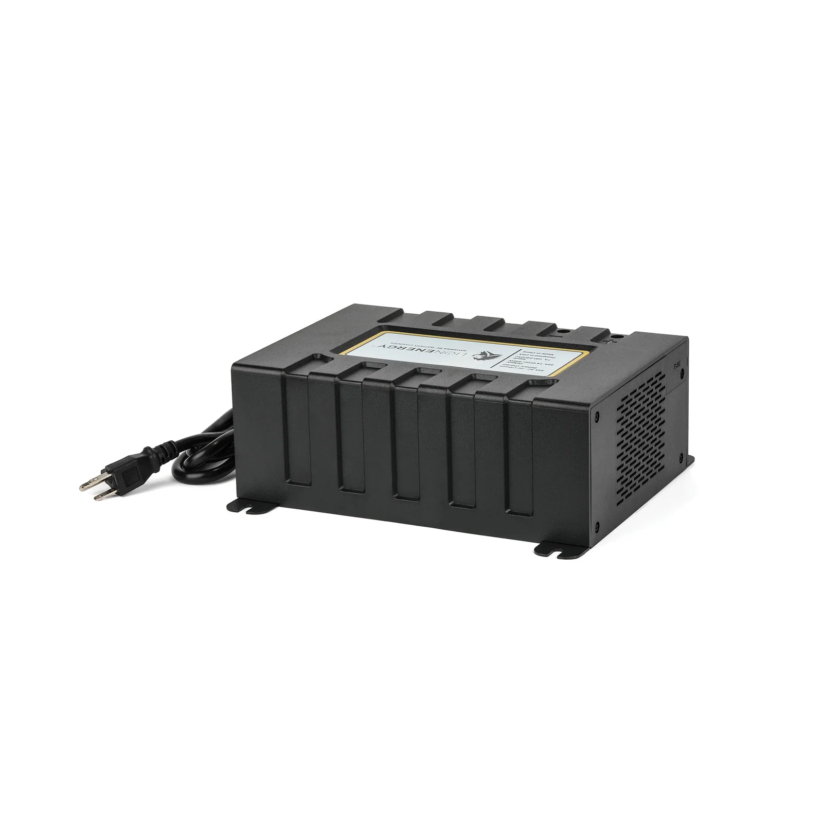 Angled side view of the Lion Energy Savanna BC 45A battery charger with vented housing, rugged black metal case, and attached wall plug cord
