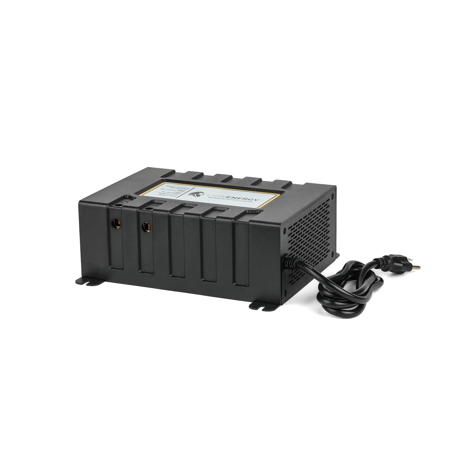 Studio shot of the Lion Energy Savanna BC 45A charger with attached AC plug, emphasizing the durable black enclosure and low-profile battery charging form factor