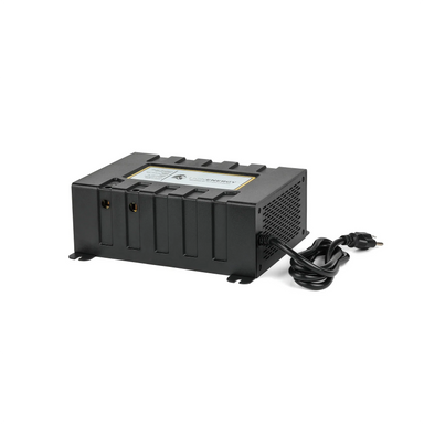 Studio shot of the Lion Energy Savanna BC 45A charger with attached AC plug, emphasizing the durable black enclosure and low-profile battery charging form factor