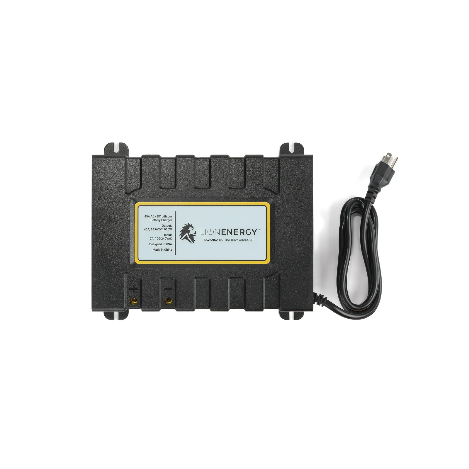 Front view of the Lion Energy Savanna BC 45A battery charger showing the product label, positive and negative connection ports, and attached AC power cord