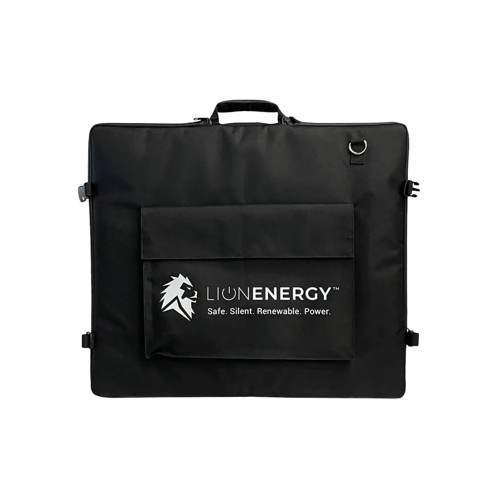 Lion Energy branded carrying case for the 100W LW 24V solar panel with front storage pocket, handle, and black fabric exterior