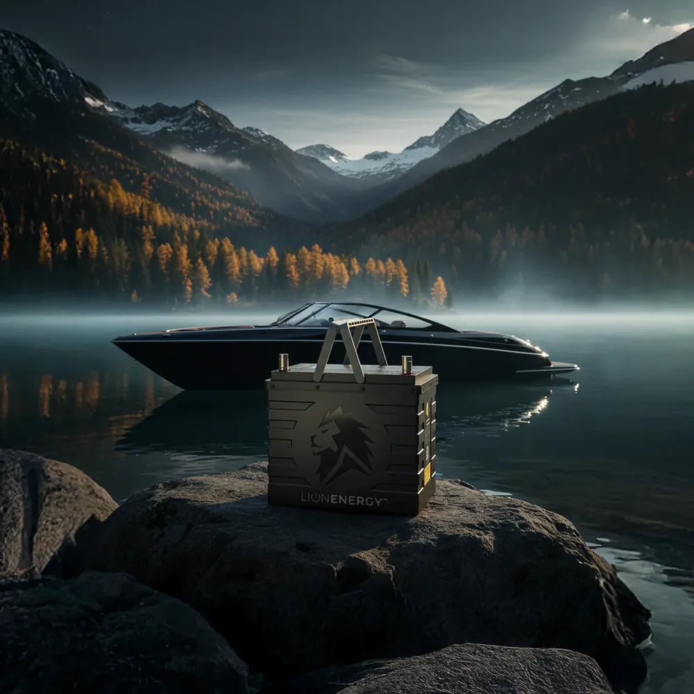 Single Lion Energy UT 1300 BT-H battery on a rock beside a sleek black boat on a misty mountain lake, showcasing rugged portable battery use in outdoor marine settings