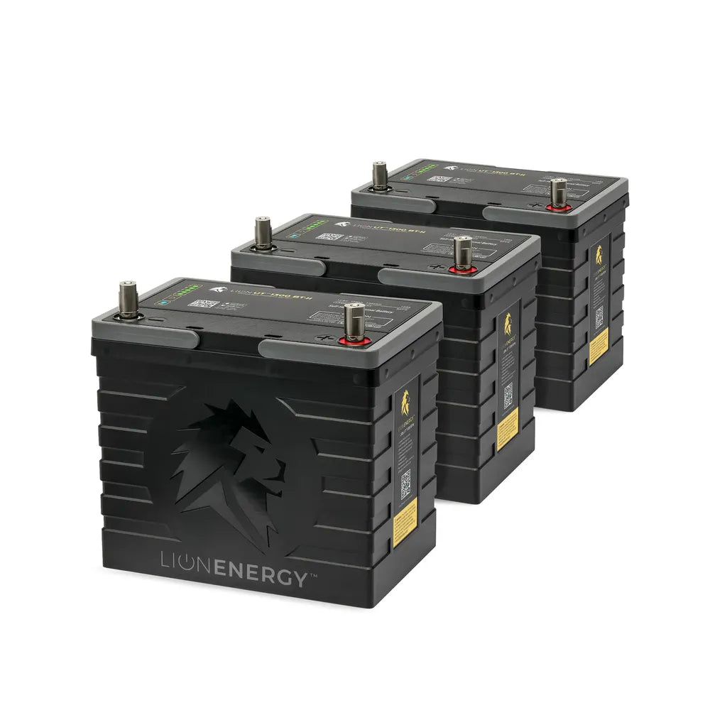 Three Lion Energy UT 1300 BT-H 12.8V 105Ah batteries displayed in a row, highlighting the compact black case, top terminals, and stackable off-grid energy storage design