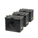 Three Lion Energy UT 1300 BT-H 12.8V 105Ah batteries displayed in a row, highlighting the compact black case, top terminals, and stackable off-grid energy storage design