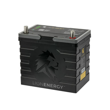 Lion Energy UT 1300 BT-H self-heating lithium battery shown in a clean studio shot with gray top cover, black case, and exposed positive and negative terminals