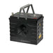 Angled product view of a single Lion Energy UT 1300 BT-H battery with fold-up carry handle, black housing, top-mounted terminals, and lion logo on the front