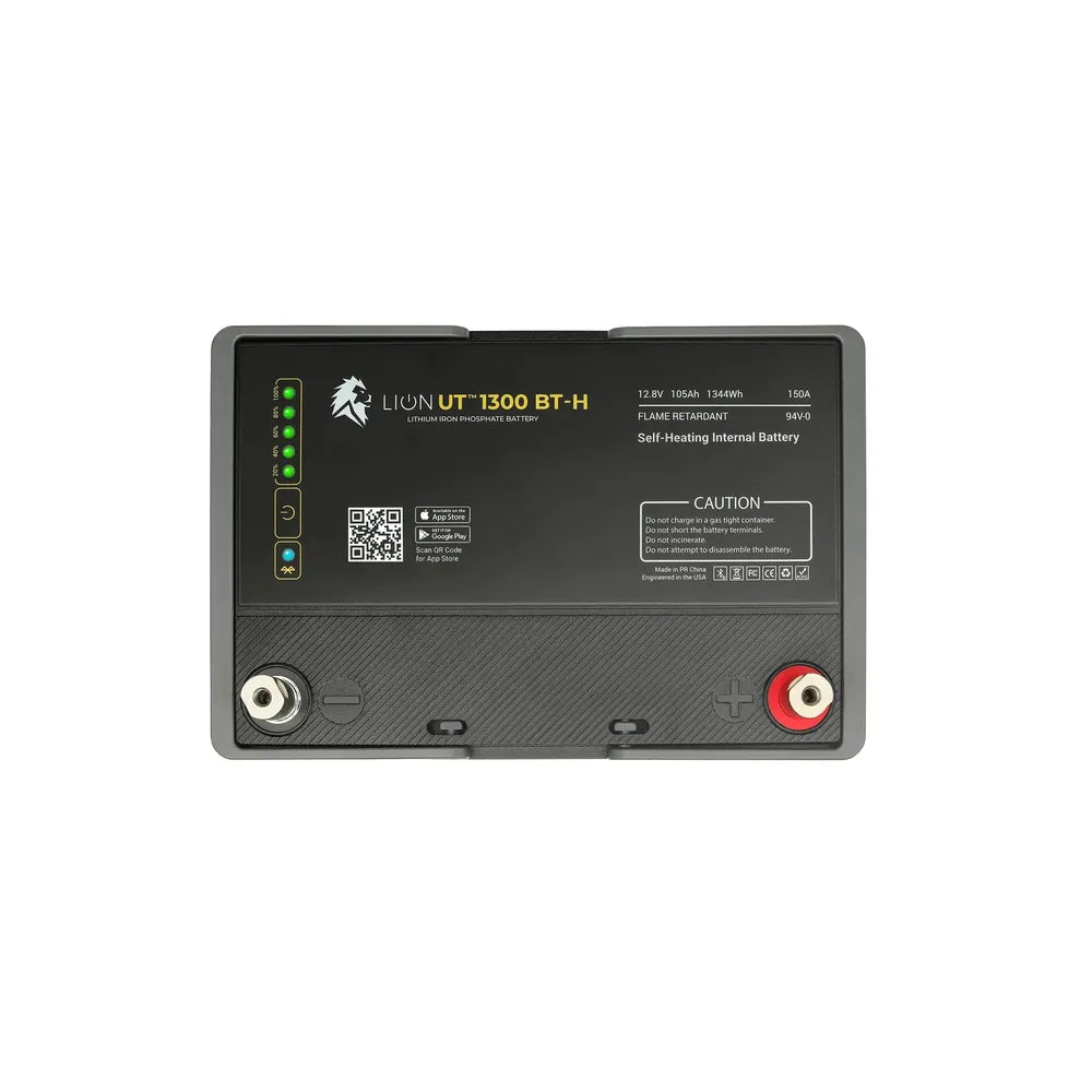 Top-down view of the Lion Energy UT 1300 BT-H battery showing terminal posts, battery status LEDs, QR code, model label, and self-heating lithium iron phosphate specifications