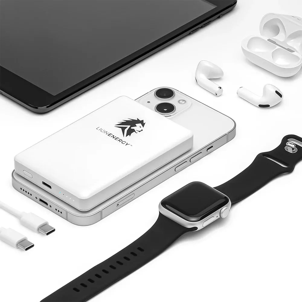 Lion Energy Lion Claw 10,000mAh magnetic power bank with iPhone and accessories