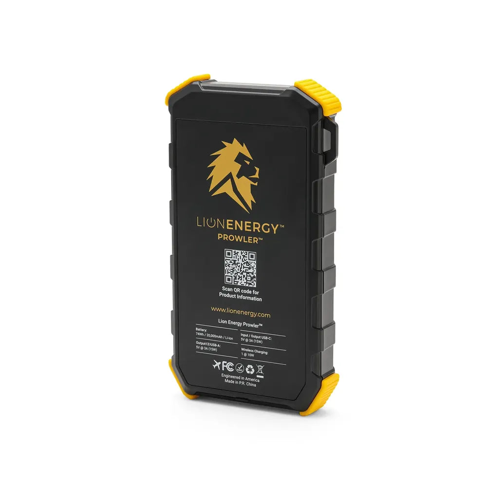 Lion Energy Prowler 20,000mAh power bank back view with specs