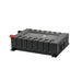 Angled studio view of the Lion Energy Savanna IV 2000W inverter, a black rectangular pure sine wave power inverter with red positive and black negative battery terminals, vented side panel, and mounting feet on a light gray background