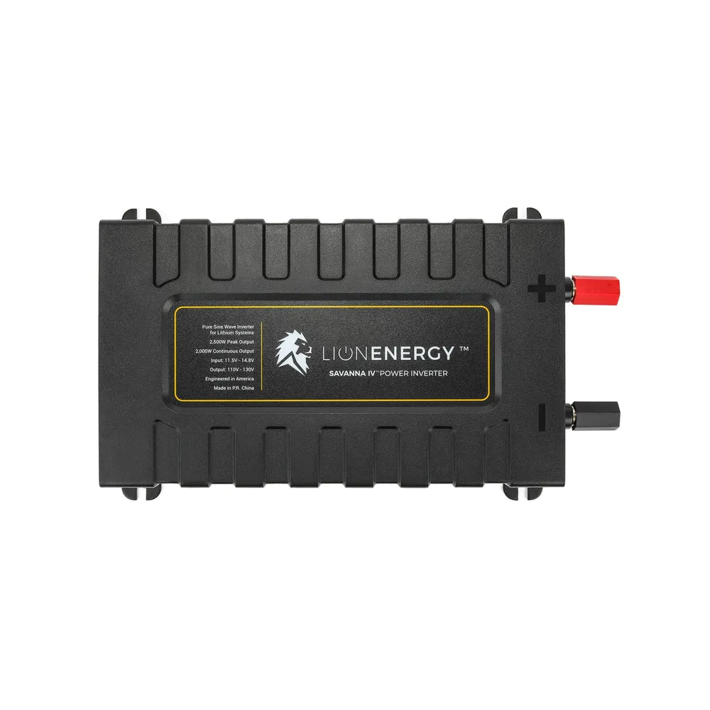 Top-down front view of the Lion Energy Savanna IV 2000W inverter with visible plus and minus terminal markings, centered Lion Energy branding, and rectangular industrial-style enclosure